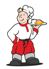 cook traditional Russian waiter holds