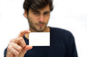 Man showing card isolated on white.