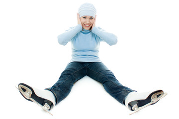 A girl with skates on white background.