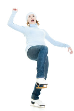 A girl with skates on white background.