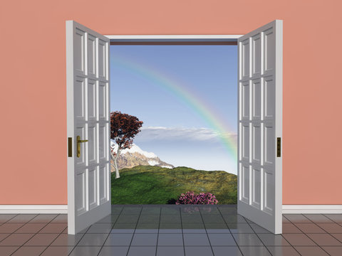 Puertas abiertas hacia un paisaje con arco&iacute;ris