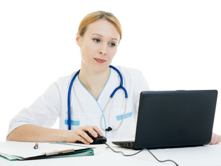 A woman doctor consultant with a laptop on a white background.