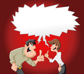 Cartoon couple fighting and pointing finger at each other