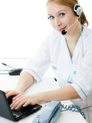 A woman doctor operator on a white background.