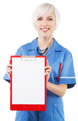 Friendly nurse on white background