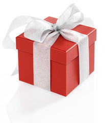 Single red gift box with gold ribbon on white background.