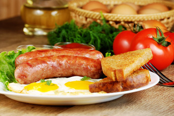 Fried eggs with sausages