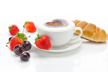cappuccino in a cup in the shape of hearts,cherry,croissant  and