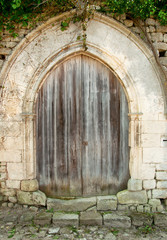 Fototapeta na wymiar Old closed wooden door with concrete arc