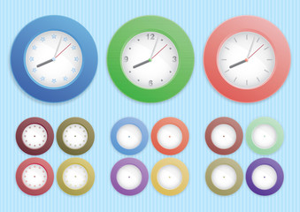 Colorful wall clocks with various designs and time displays on a striped light blue background 