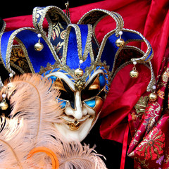 Blue Carnival Jester mask with bells