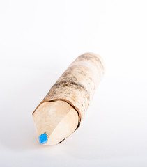 Large blue pencil made from whole branch of tree