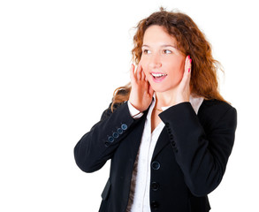 Pleasantly surprised young business woman.