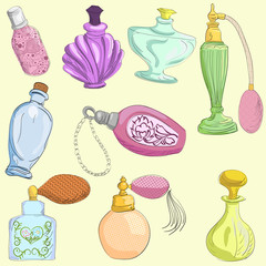 Set of doodle retro perfume bottles