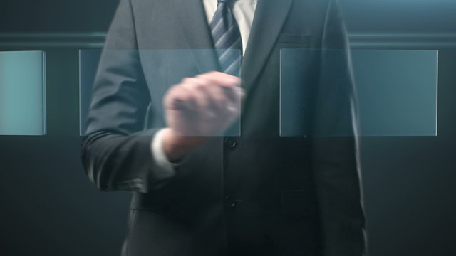 Hand leafing and pushing a button on a touch screen interface