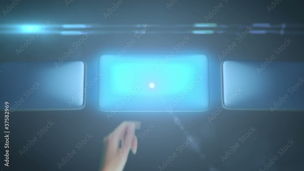 Aufkleber Hand leafing and pushing a button on a touch screen interface
