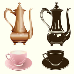 Vector tea set: antique tea pot and cup in color and monochrome