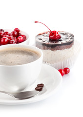 coffee with chocolate cake isolated on white background