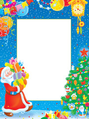 Border with Santa Claus, Christmas tree and gifts