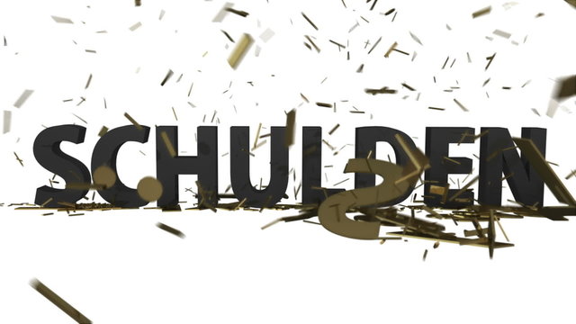 fallendes Wort "Schulden" zertr&uuml;mmert goldene "Stabilit&auml;t"