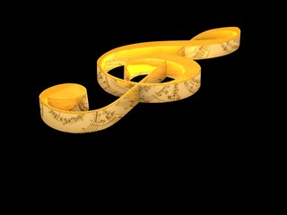 3D golden music key on black background