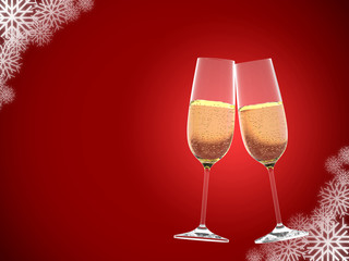 glasses of champagne on red background with snowflakes