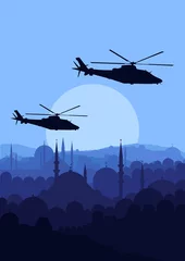 Poster Im Rahmen Armeehubschrauber fliegen über arabische Stadtlandschaft © kstudija