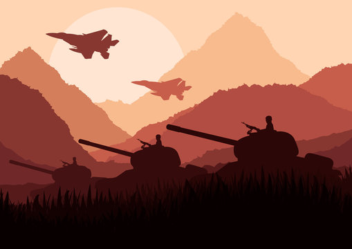 Army tanks and airplanes in mountain landscape