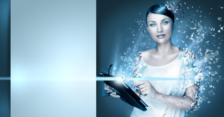 Poster photo of young pretty woman using her tablet computer and