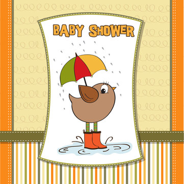 baby shower card with little bird stand in the rain