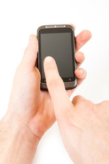 Mobile phone in hand on white background.