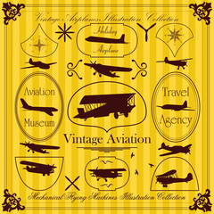 Vintage airplanes frames and elements illustration collection