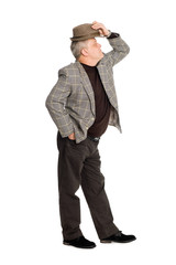 Man raises his hat in greeting.