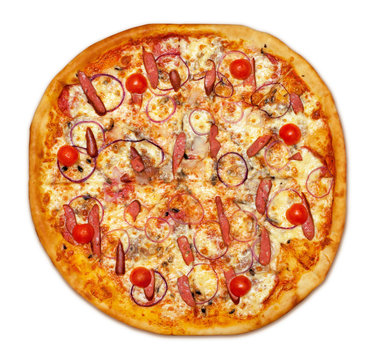 Whole sausage pizza. Clipping path included.