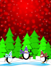 Penguins in Ice Skating Rink Winter Snowing Scene Illustration