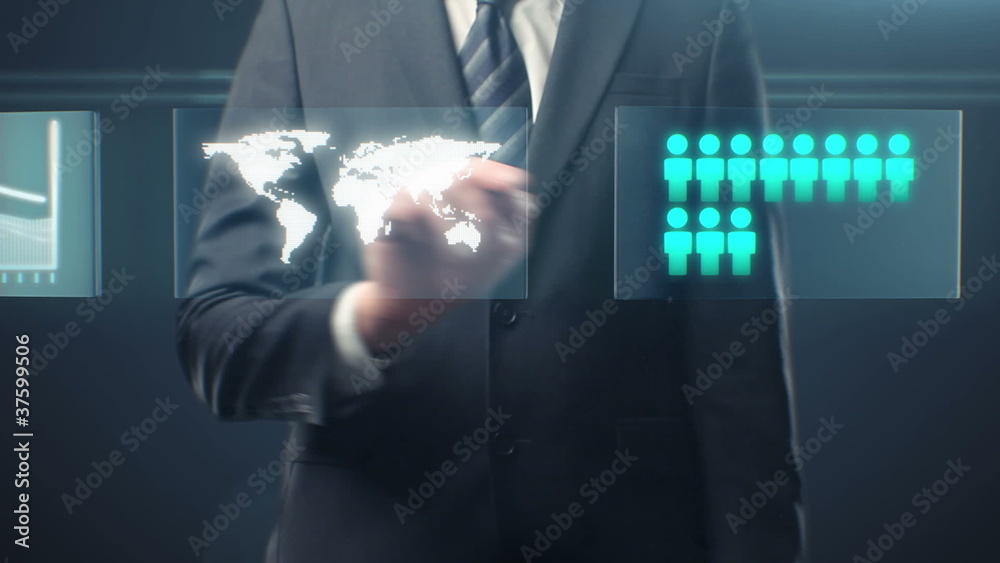 Aufkleber Hand leafing and pushing a button with world map