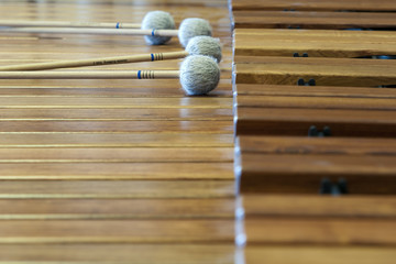 music wood xylophon with lying sticks on it
