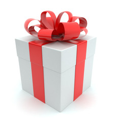 Gift 3D. White box, bow and ribbon. Isolated on white background