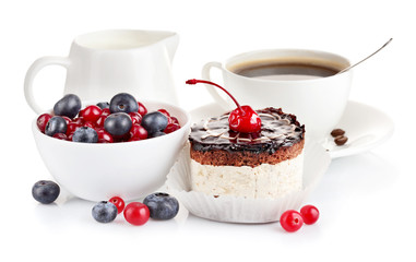 chocolate cake with berries isolated on white background