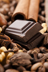 chocolate with coffee beans, spices and nuts