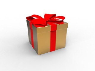 a gift wrapped in a box.gold with a red satin ribbon