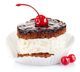 chocolate cake with cherry isolated on white background