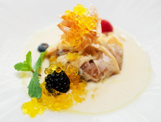 Apple strudel with molecular sweet caviar