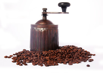 Antique coffee mill on white background