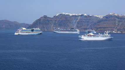 cruiseship tendered in bay in Santorini