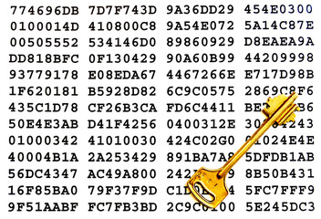 Golden key on a sheet with encrypted data