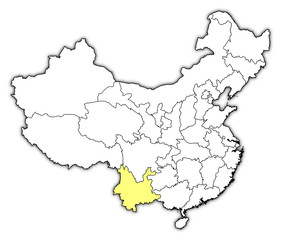 Obraz premium Map of China, Yunnan highlighted