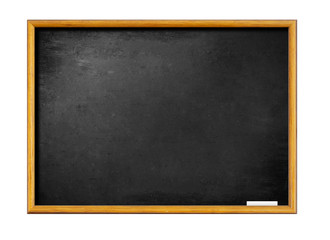 blank black board with wooden frame and piece of chalk