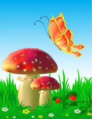 Poster Magische Welt Sommerlandschaft mit Pilzen und einem Schmetterling