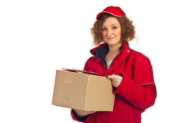 Delivery woman carrying box
